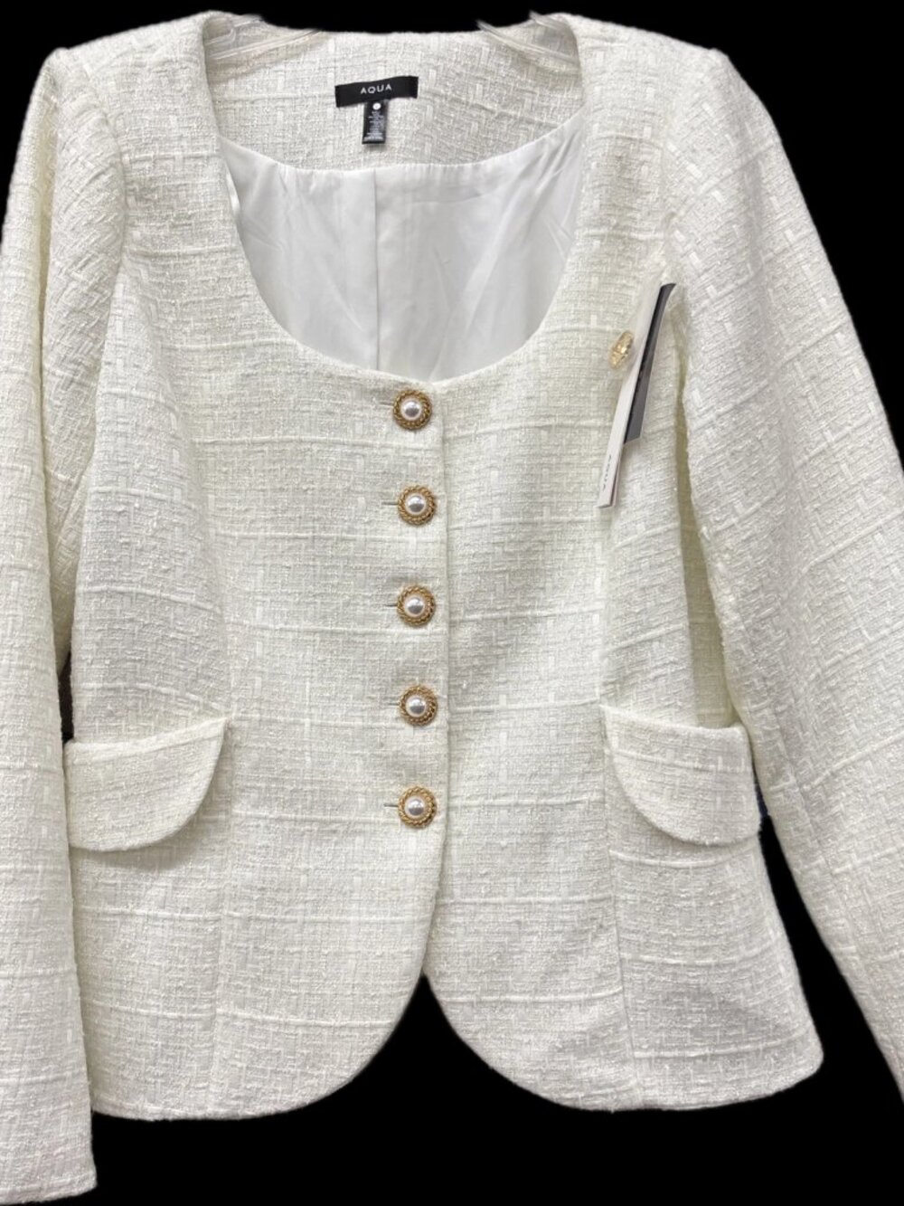 Aqua tweed jacket, Bloomingdale’s exclusive, white. NWT Size Small